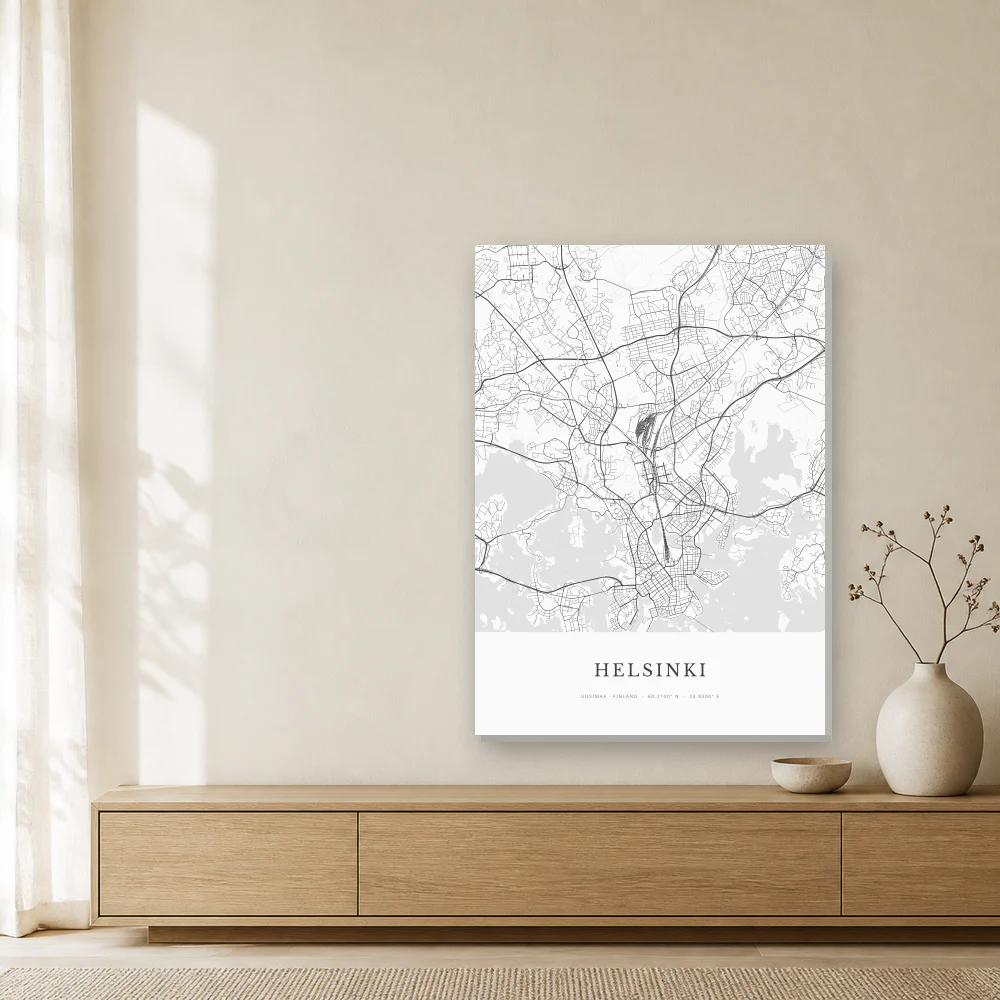 Klassinen Helsinki-karttataulu koossa 50 × 70 cm skandinaavisessa sisustuksessa